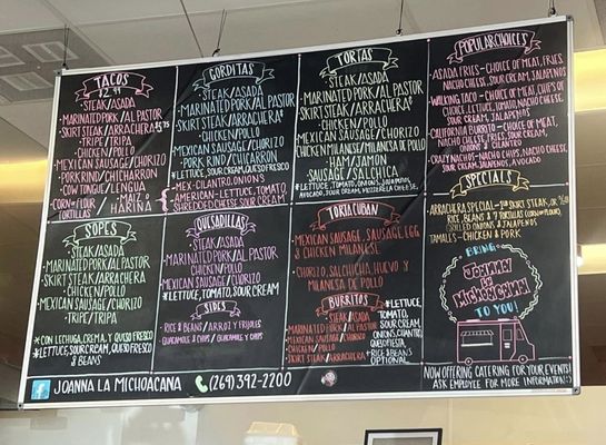 Joanna La Michoacana Taqueria Menu